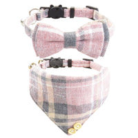 HKM-833043 Adjustable Plaid Cat Collar with Bow Tie and Bandana Scarf - Breakaway Design for Comfort and Safety