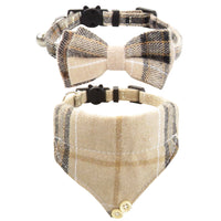 HKM-833043 Adjustable Plaid Cat Collar with Bow Tie and Bandana Scarf - Breakaway Design for Comfort and Safety