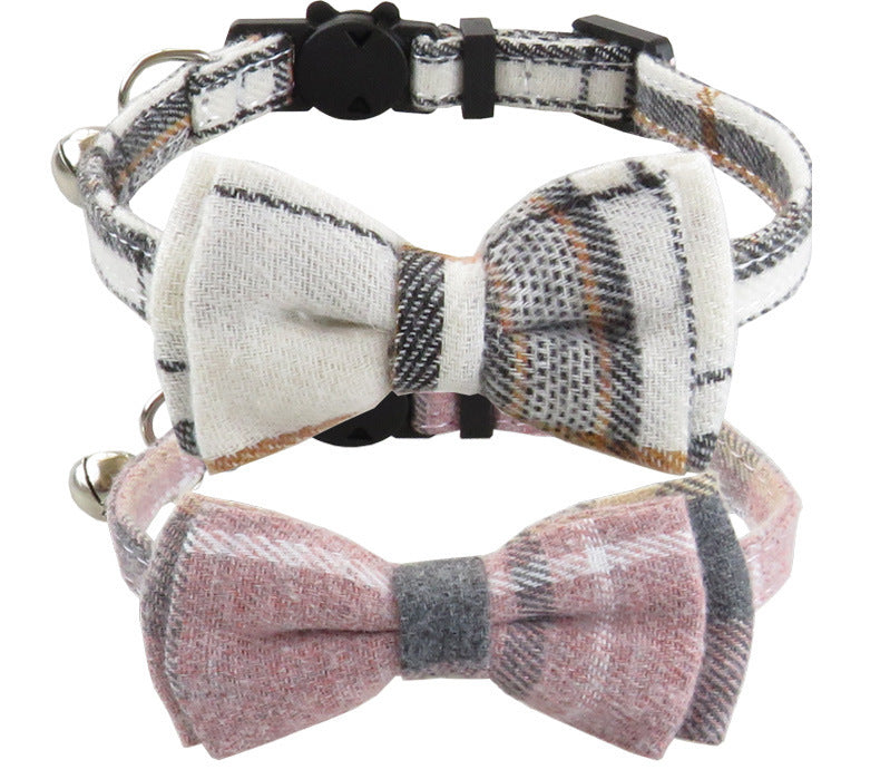 HKM-833043 Adjustable Plaid Cat Collar with Bow Tie and Bandana Scarf - Breakaway Design for Comfort and Safety