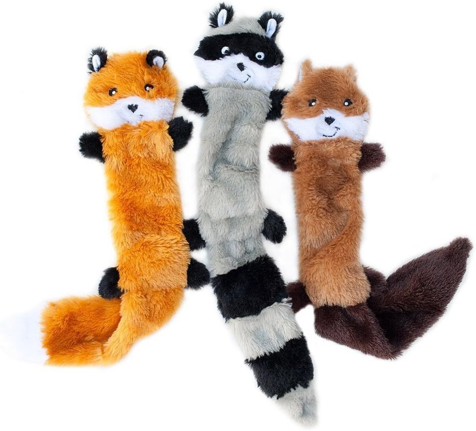 HKM-482771 Unstuffed Squeaky Dog Toys for Small & Medium Breeds - Plush Fox, Raccoon & Squirrel Chew Toys