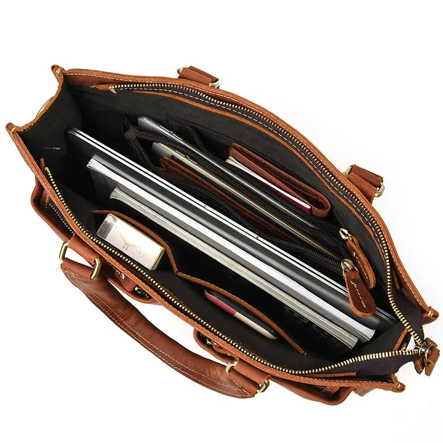 KTX-204371 Genuine Crazy Horse Leather Briefcase Tote for 14" Laptops - Retro Brown Messenger Bag