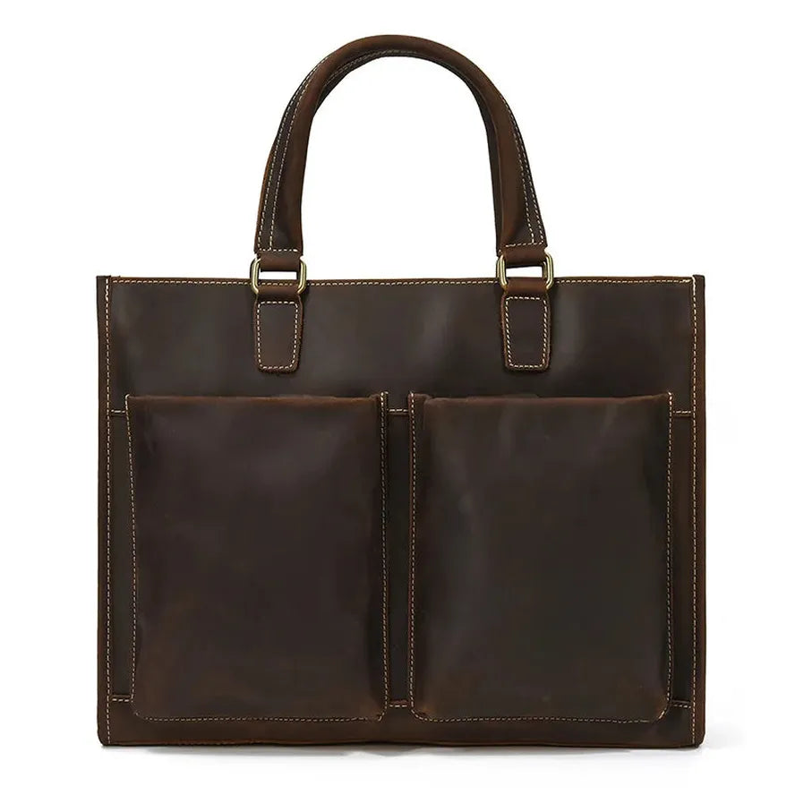 JMT-059274 Genuine Crazy Horse Leather Briefcase Tote for 14" Laptops - Retro Brown Messenger Bag