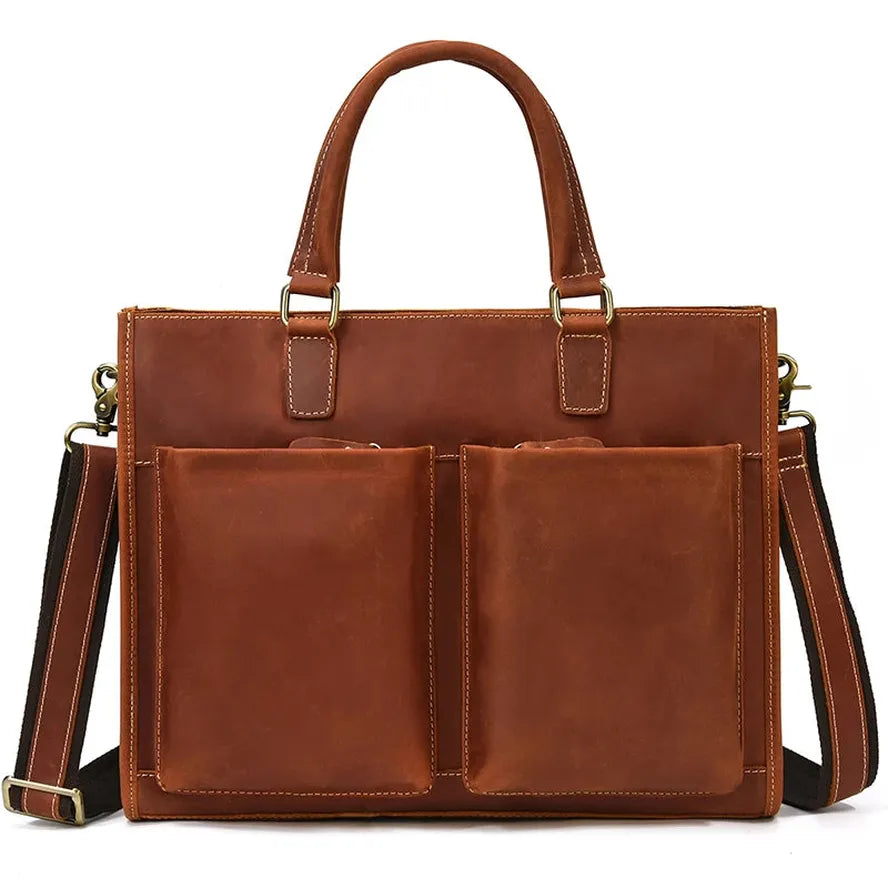 KTX-204371 Genuine Crazy Horse Leather Briefcase Tote for 14" Laptops - Retro Brown Messenger Bag