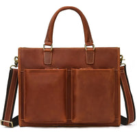 HKM-889555 Genuine Crazy Horse Leather Briefcase Tote for 14" Laptops - Retro Brown Messenger Bag