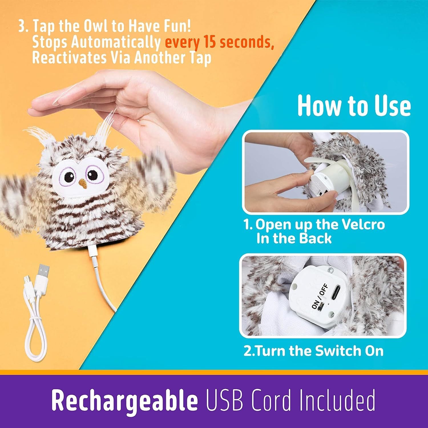 HKM-988947 Rechargeable Automatic Cat Toy - Interactive Owl with Catnip, Flapping Wings & Melodic Sounds for Indoor Play