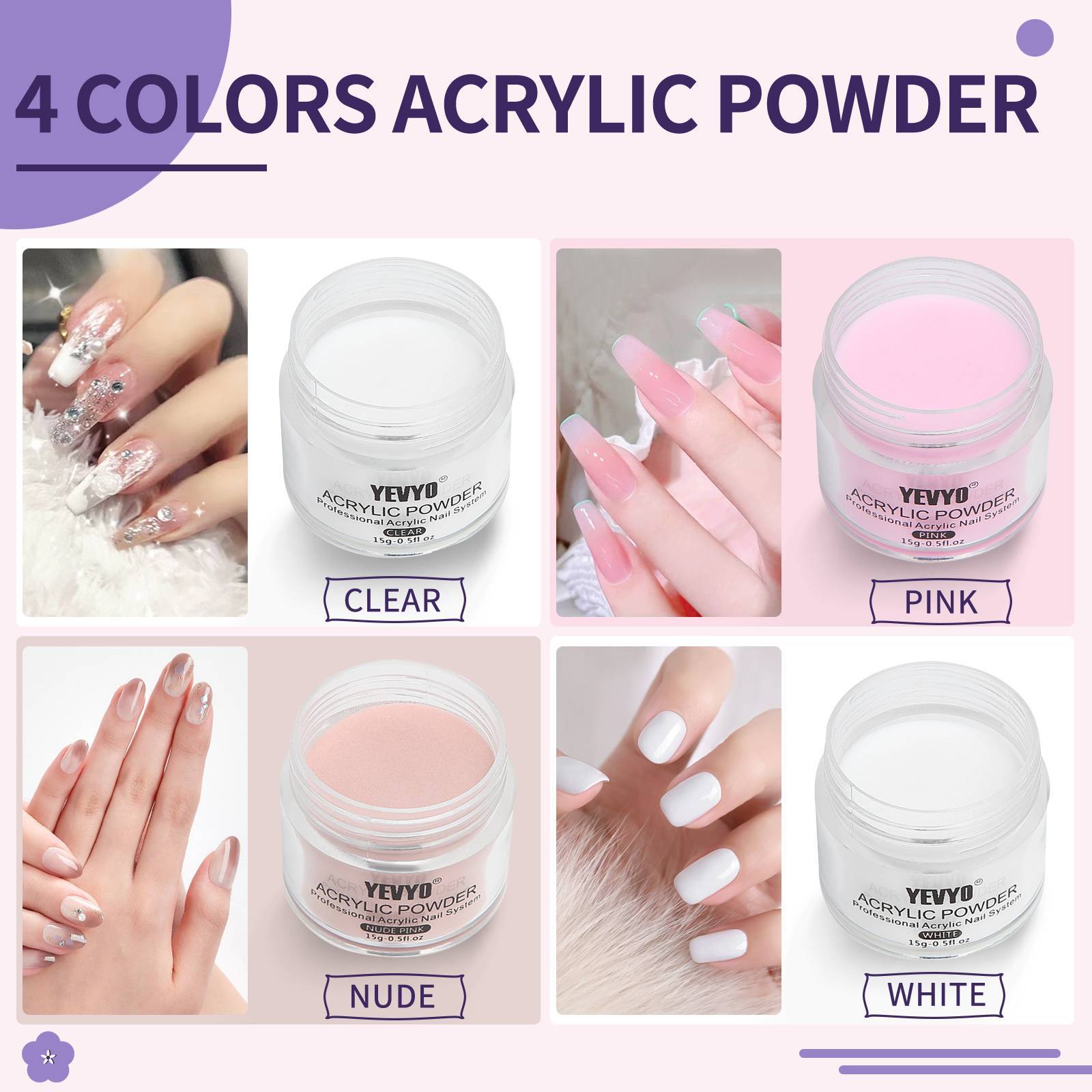 HKM-546131 Acrylic Nail Kit with 4 Colors of Powder, Monomer, and Tools for Nail Art and DIY Extensions