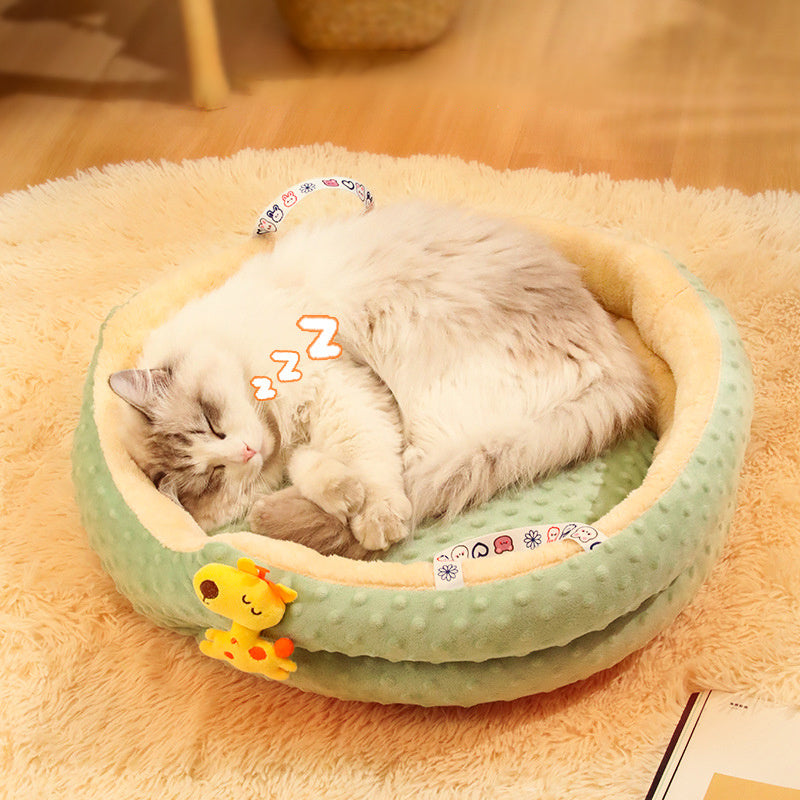 HKM-285651 Portable Round Velvet Pet Bed with Random Plush Doll for Small Dogs and Cats