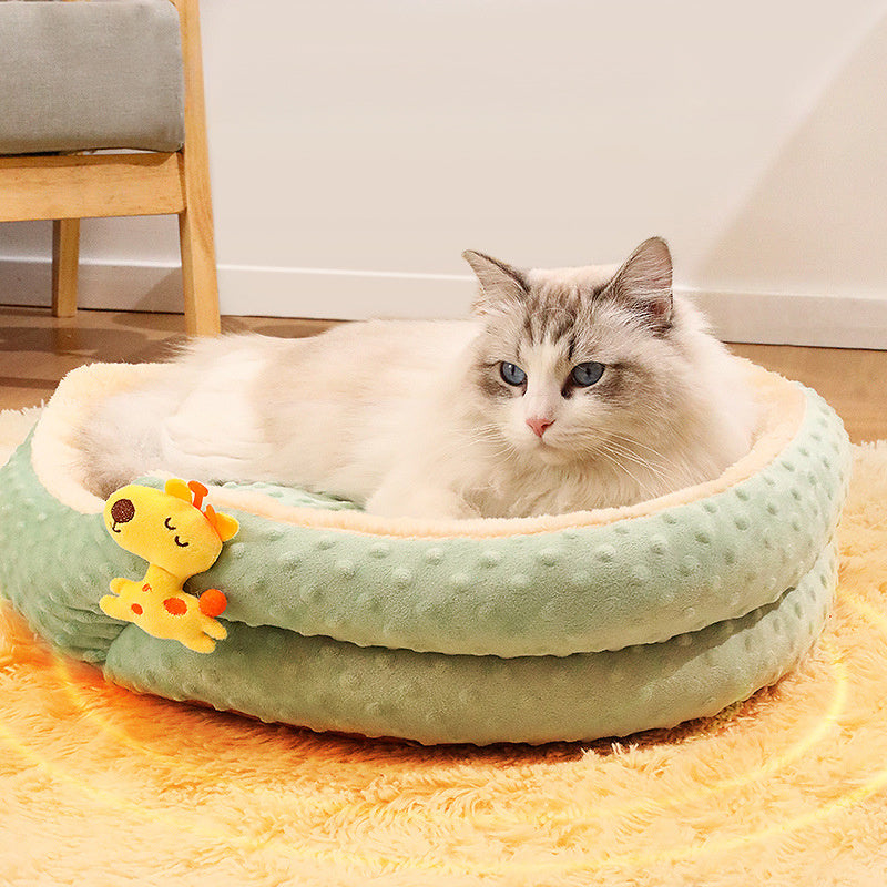 HKM-285651 Portable Round Velvet Pet Bed with Random Plush Doll for Small Dogs and Cats
