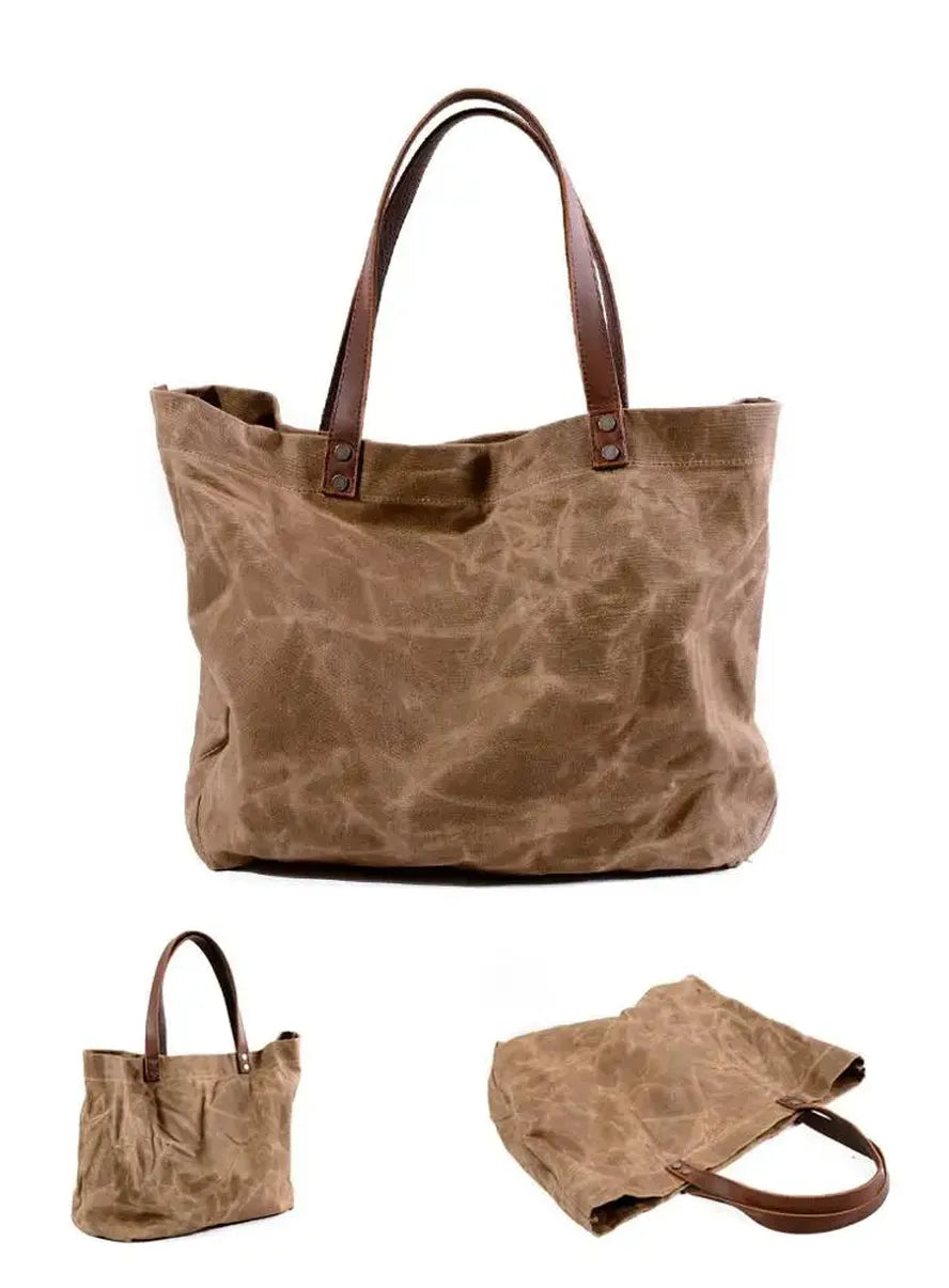 KTX-774931 Waterproof Oil Wax Canvas Shoulder Tote Bag with Cowhide Trimmings, Large Capacity