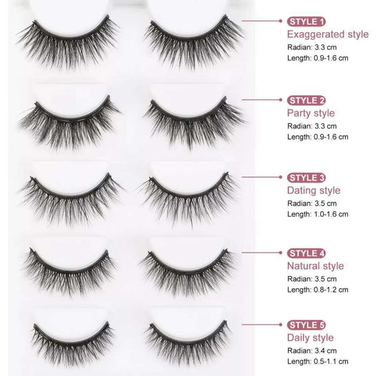 HKM-336915 Magnetic Eyelash Set with Liquid Eyeliner - Five Pairs of Glue-Free Lashes in Various Styles