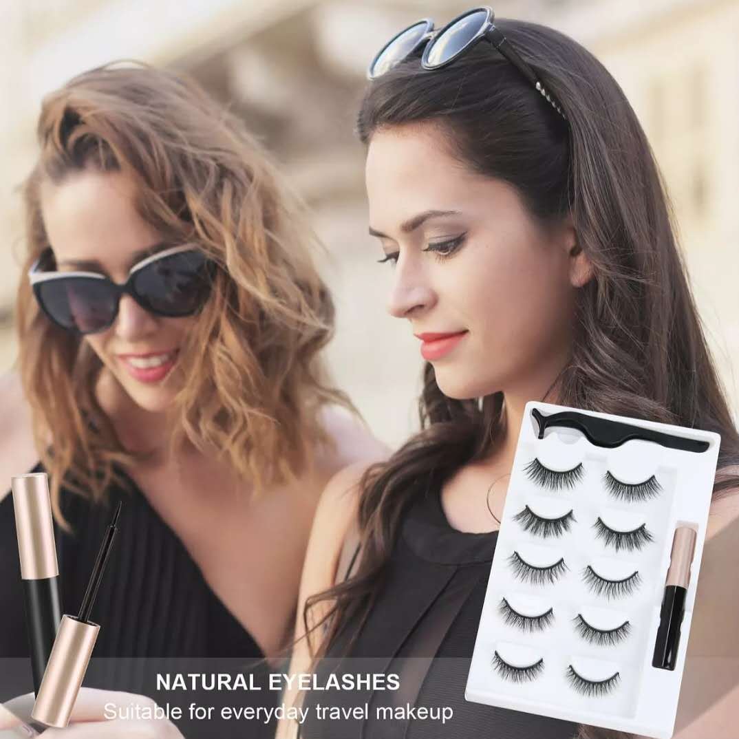 HKM-336915 Magnetic Eyelash Set with Liquid Eyeliner - Five Pairs of Glue-Free Lashes in Various Styles