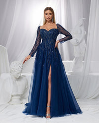 HKM-430931 Elegant Blue Evening Gown with Flattering Silhouette for Women