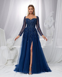 HKM-430931 Elegant Blue Evening Gown with Flattering Silhouette for Women
