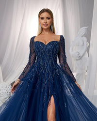 HKM-430931 Elegant Blue Evening Gown with Flattering Silhouette for Women