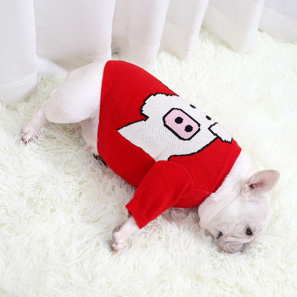 HKM-709075 Pug Dog Sweater in Red - Short Body, Elastic Core, Wool Material
