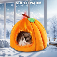 HKM-417043 Cozy Pumpkin-Shaped Cat Cave Bed for Indoor Cats and Small Dogs - Warm, Plush, and Removable Washing Mat