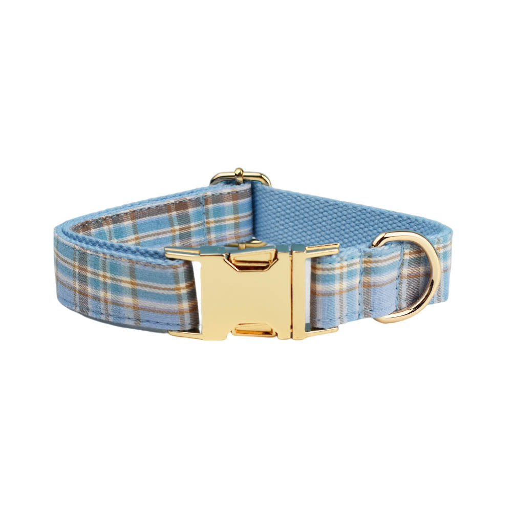 HKM-423187 Sky Blue Grid Forest Series Four-Piece Dog Collar and Leash Set with Bow and Vest