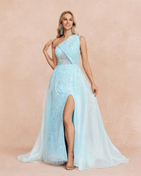 HKM-577811 Elegant Blue Evening Dress with Pleated Design for Women