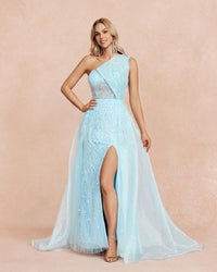 HKM-577811 Elegant Blue Evening Dress with Pleated Design for Women