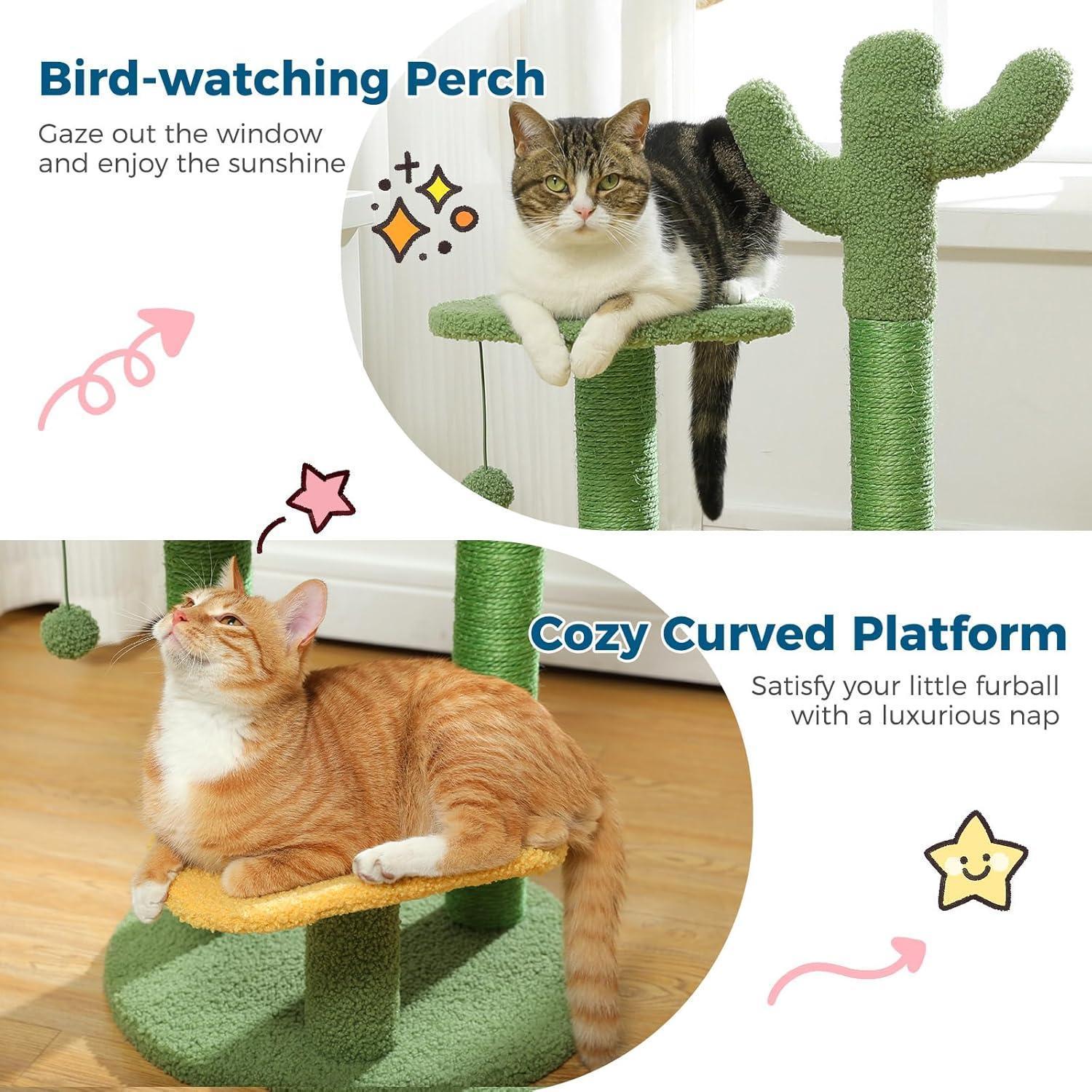 HKM-037331 Cactus Cat Tree with Flower Perch, Soft Top, and Hanging Ball for Indoor Cats