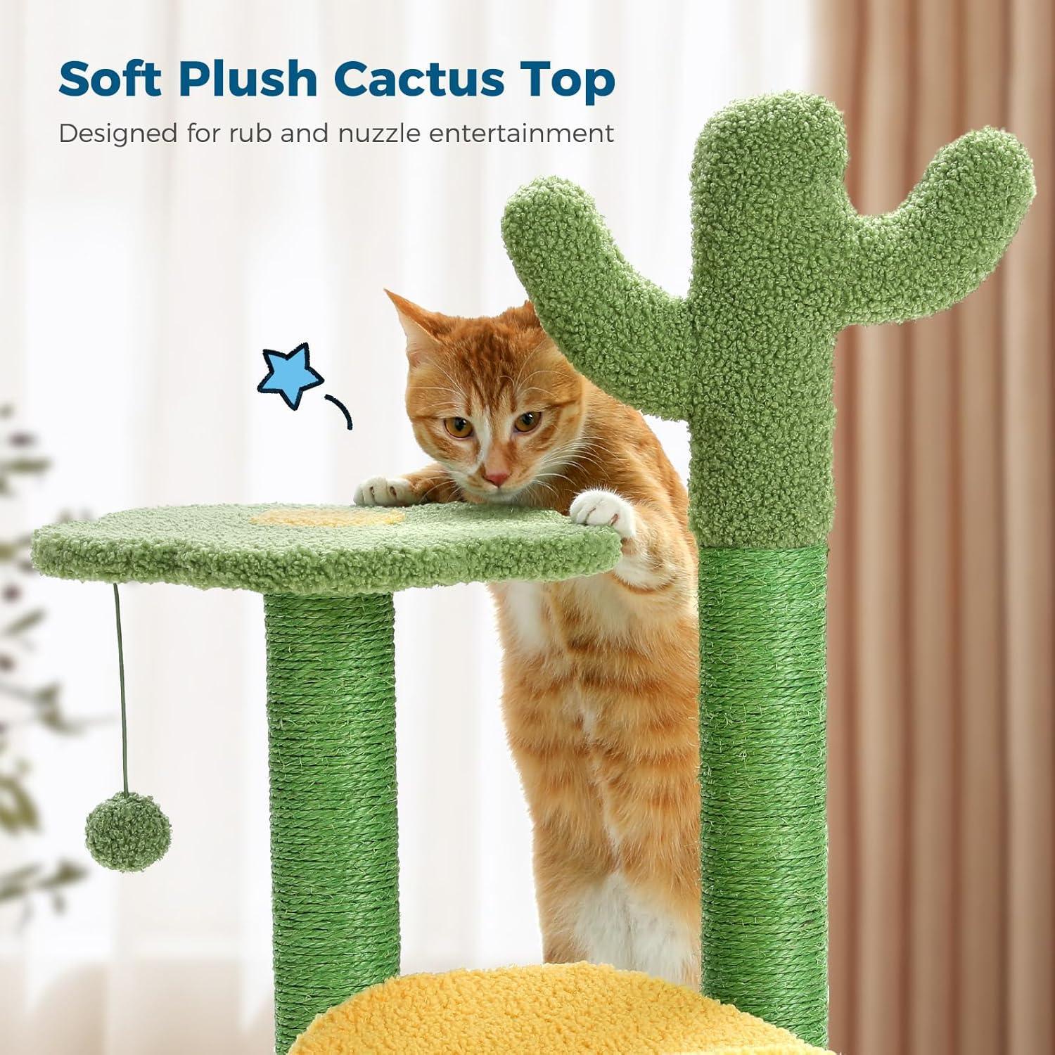 HKM-037331 Cactus Cat Tree with Flower Perch, Soft Top, and Hanging Ball for Indoor Cats