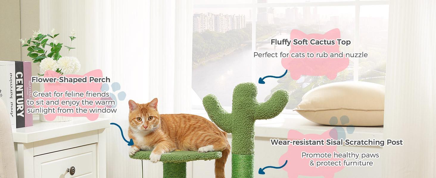 HKM-037331 Cactus Cat Tree with Flower Perch, Soft Top, and Hanging Ball for Indoor Cats