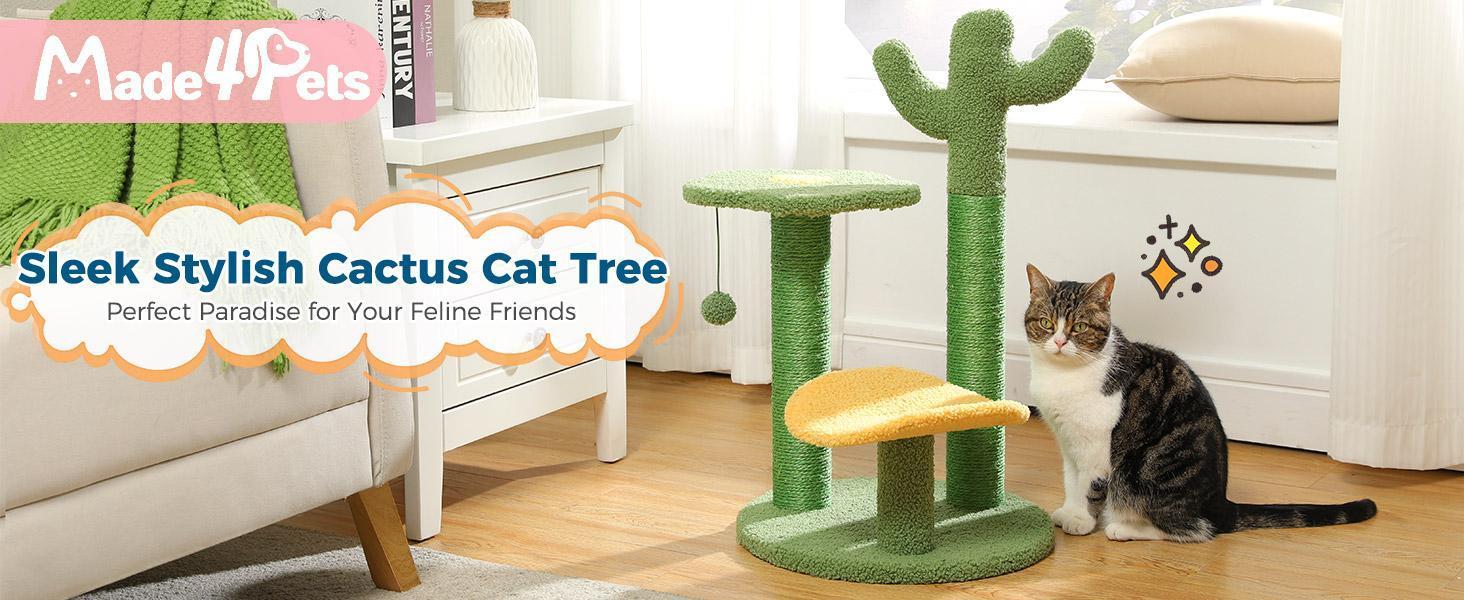 HKM-037331 Cactus Cat Tree with Flower Perch, Soft Top, and Hanging Ball for Indoor Cats