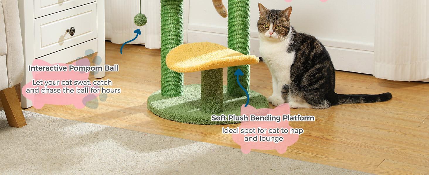 HKM-037331 Cactus Cat Tree with Flower Perch, Soft Top, and Hanging Ball for Indoor Cats