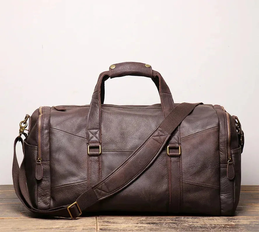 HKM-694099 Retro Genuine Leather Travel Bag - Large Capacity Crossbody for Men and Women, Waterproof Waxed Canvas, 55cm x 25cm x 28cm