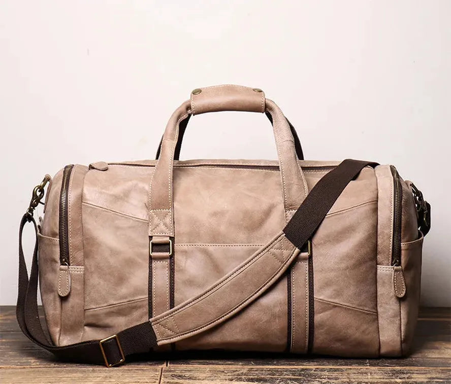 HKM-694099 Retro Genuine Leather Travel Bag - Large Capacity Crossbody for Men and Women, Waterproof Waxed Canvas, 55cm x 25cm x 28cm