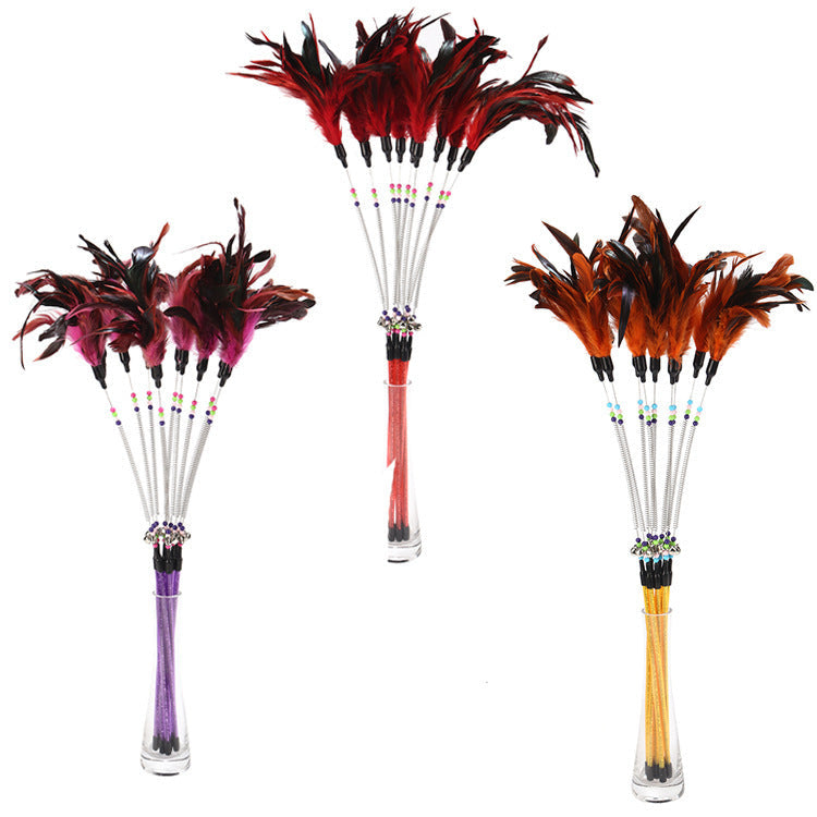HKM-613523 Colored Spring Bell Cat Toy with Feather and Beads - 15.5cm Interactive Play Stick
