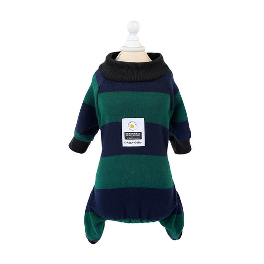 HKM-802771 Striped Velvet Dog Pajamas - Soft Cotton Pet Clothing in Blue, Red, and Green, Sizes S to 2XL