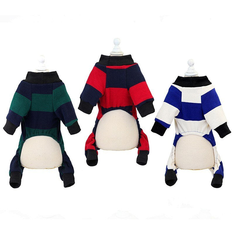 HKM-802771 Striped Velvet Dog Pajamas - Soft Cotton Pet Clothing in Blue, Red, and Green, Sizes S to 2XL