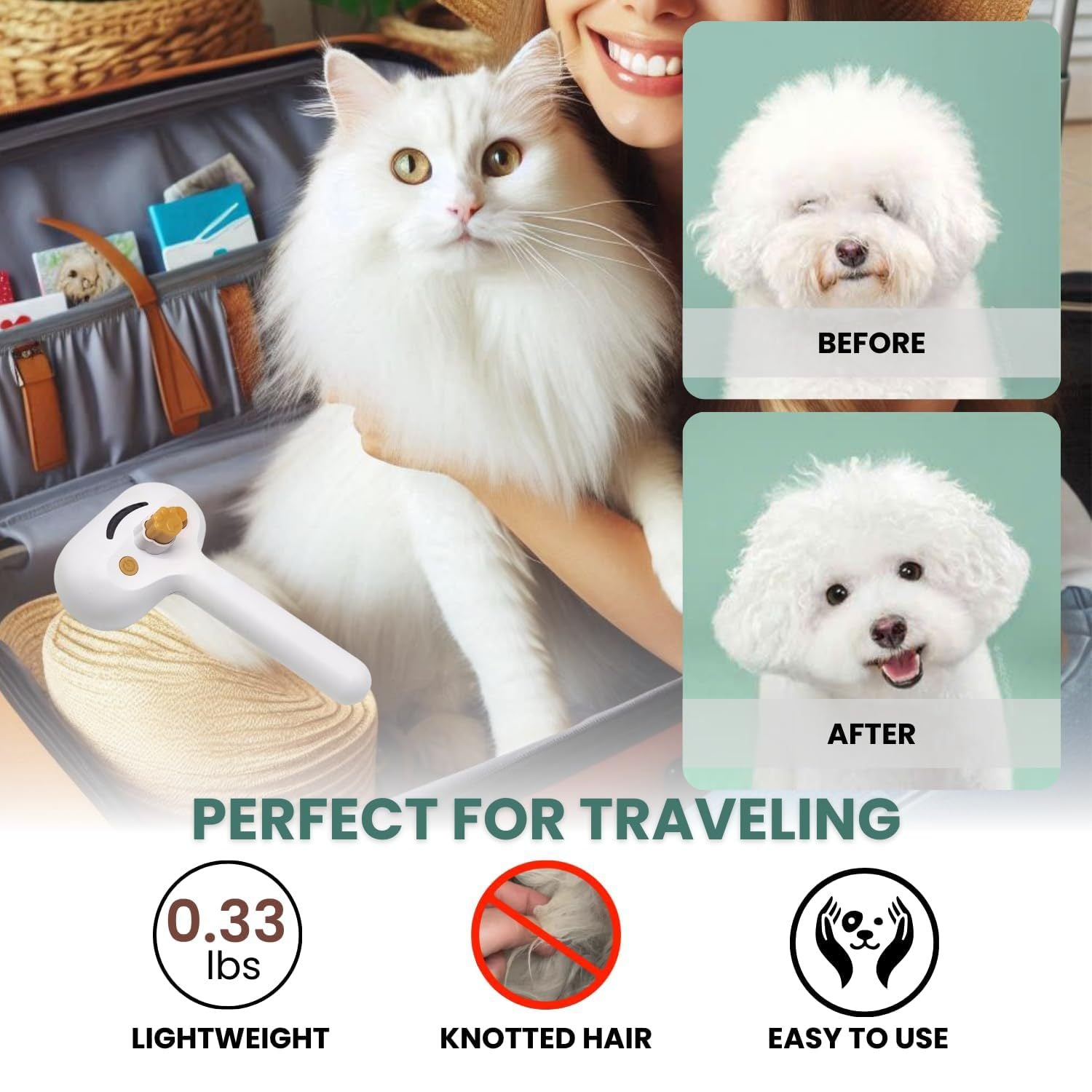 HKM-971987 Steam Mist Grooming Brush for Cats and Dogs with Self-Cleaning Design and Built-In Water Tank