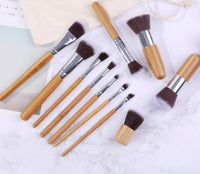 HKM-919827 11-Piece Bamboo Handle Makeup Brush Set with Linen Bag for Blush and Foundation Application