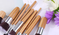 HKM-919827 11-Piece Bamboo Handle Makeup Brush Set with Linen Bag for Blush and Foundation Application