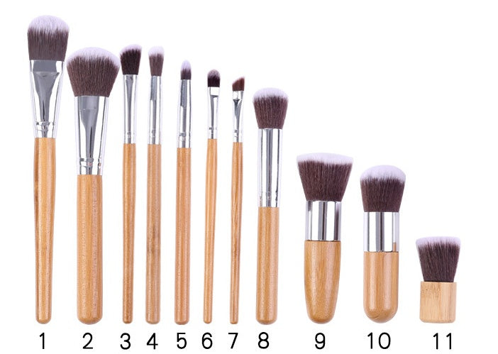 HKM-919827 11-Piece Bamboo Handle Makeup Brush Set with Linen Bag for Blush and Foundation Application