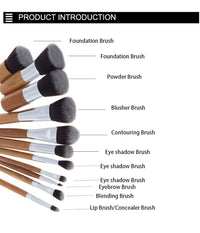HKM-919827 11-Piece Bamboo Handle Makeup Brush Set with Linen Bag for Blush and Foundation Application