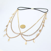HKM-786963 Multi-Layered Tassel Headband with Diamond-Studded Leaf Design in Gold