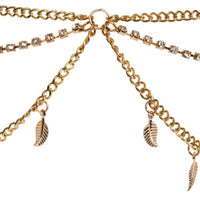 HKM-786963 Multi-Layered Tassel Headband with Diamond-Studded Leaf Design in Gold