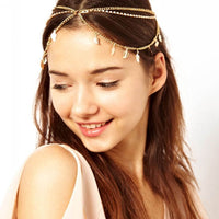 HKM-786963 Multi-Layered Tassel Headband with Diamond-Studded Leaf Design in Gold