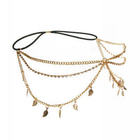 HKM-786963 Multi-Layered Tassel Headband with Diamond-Studded Leaf Design in Gold