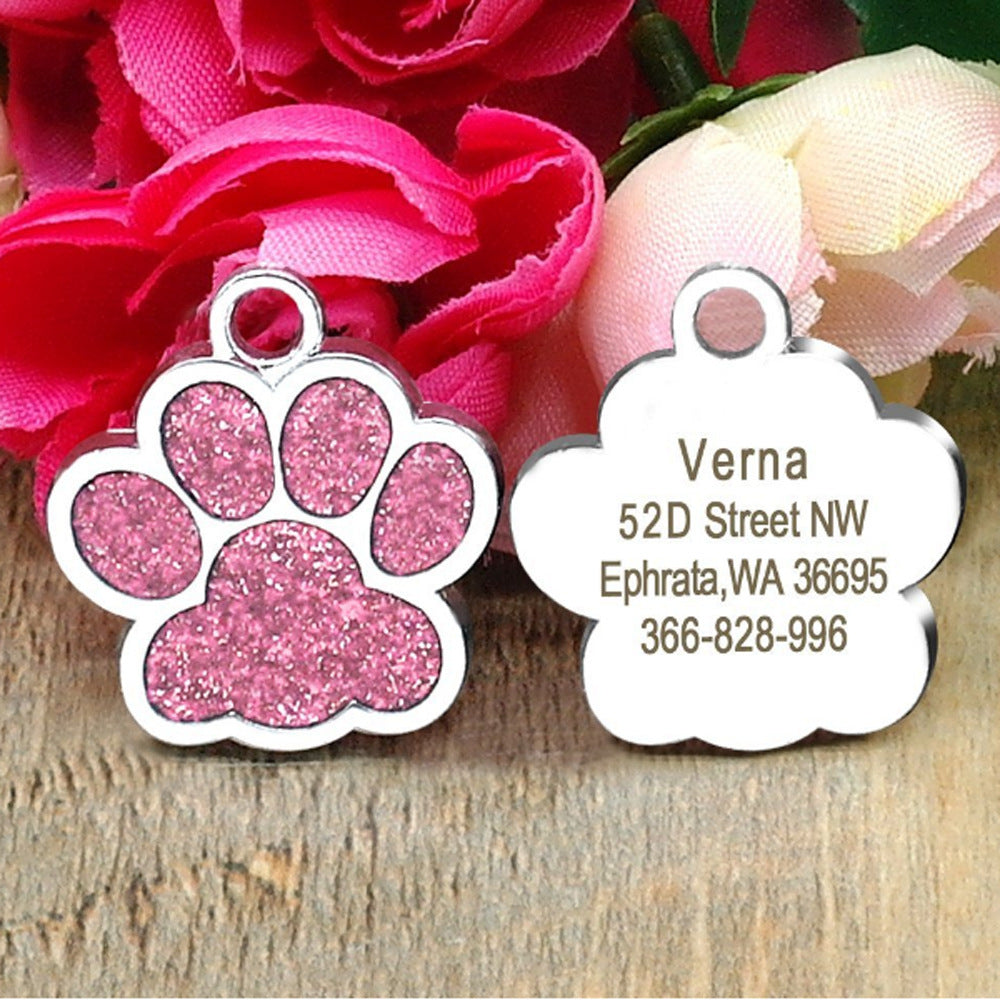 HKM-858067 Custom Glitter Zinc Alloy Dog Tag - Paw Shape, Anti-Lost, Lettering Function