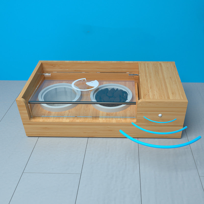HKM-472211 Intelligent Automatic Cat Feeder with Timing and Sensor Functionality, Bamboo Wood and Ceramic Design, 850ML Capacity