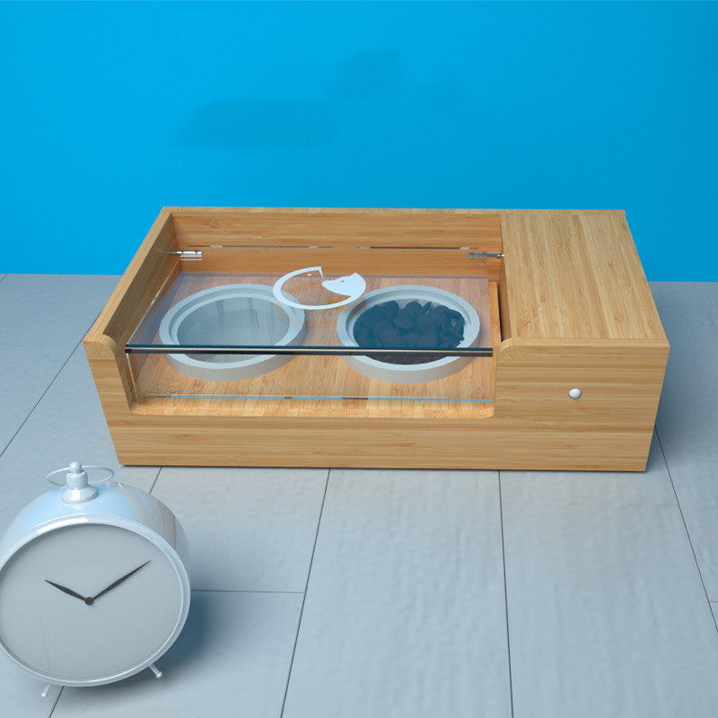 HKM-472211 Intelligent Automatic Cat Feeder with Timing and Sensor Functionality, Bamboo Wood and Ceramic Design, 850ML Capacity