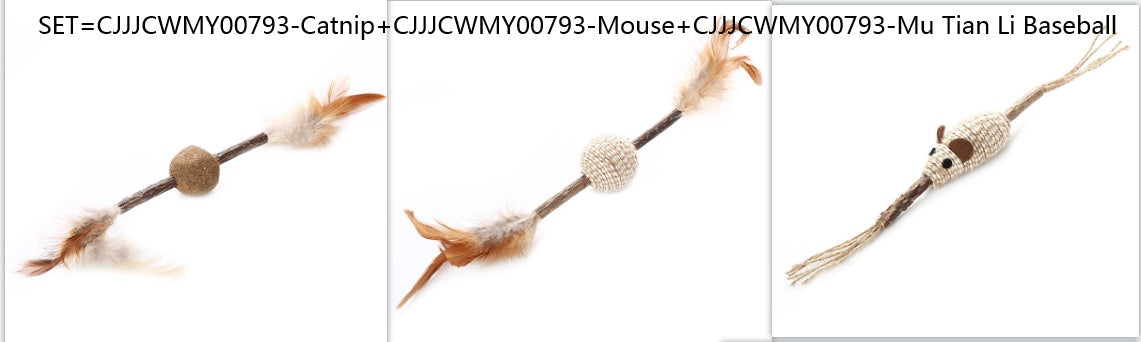 HKM-854099 Wooden Cat Toy with Catnip, Feather, and Hemp Rope - Variety of Designs