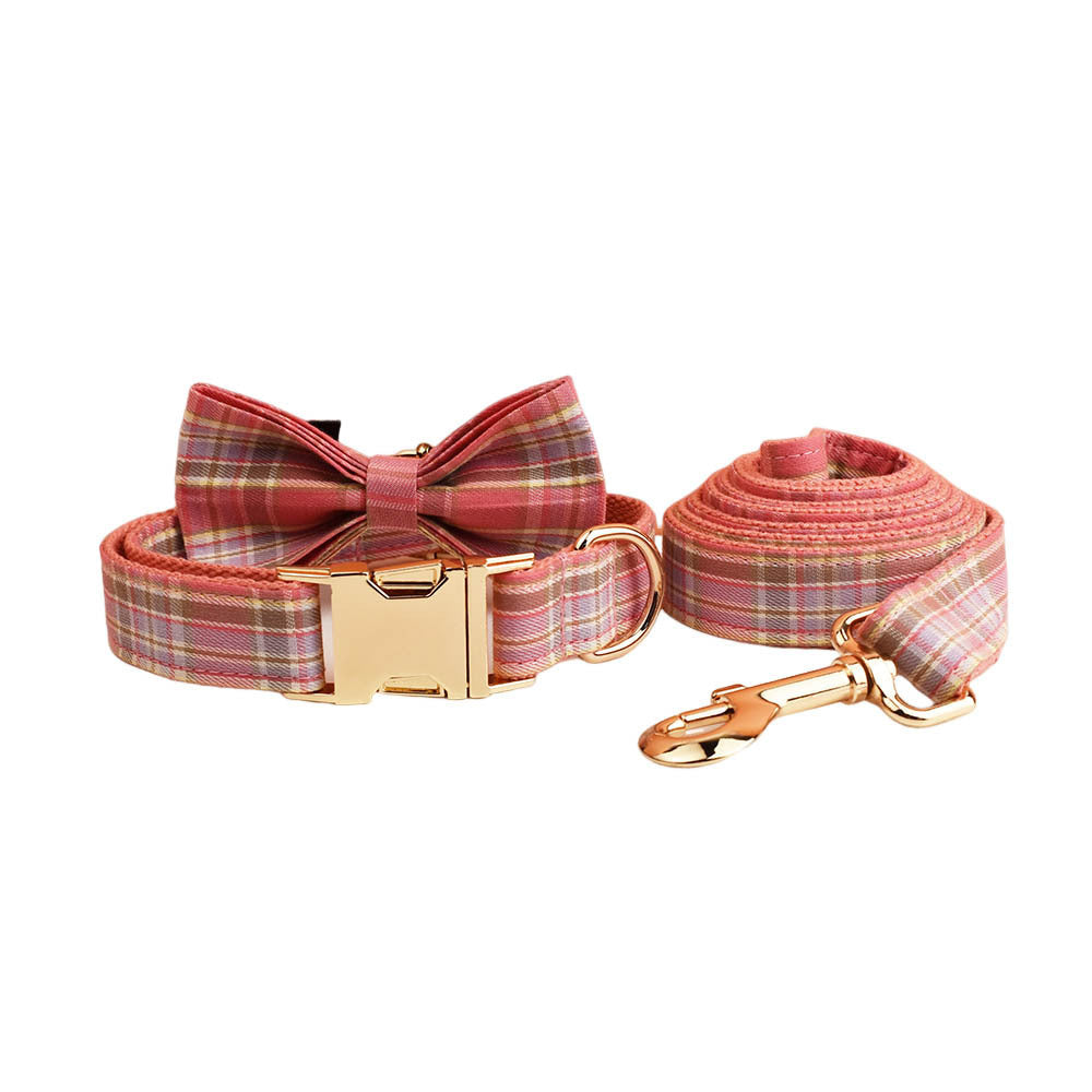 HKM-871891 Plaid Pet Collar and Leash Set with Bow - Perfect for Weddings and Special Occasions