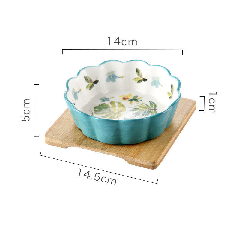 HKM-026963 Ceramic Pet Bowl with Bamboo Wood Tray - Suitable for Cats and Dogs, 450ml Capacity