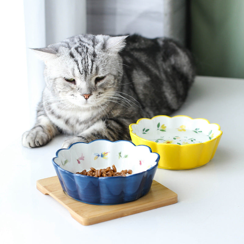 HKM-026963 Ceramic Pet Bowl with Bamboo Wood Tray - Suitable for Cats and Dogs, 450ml Capacity