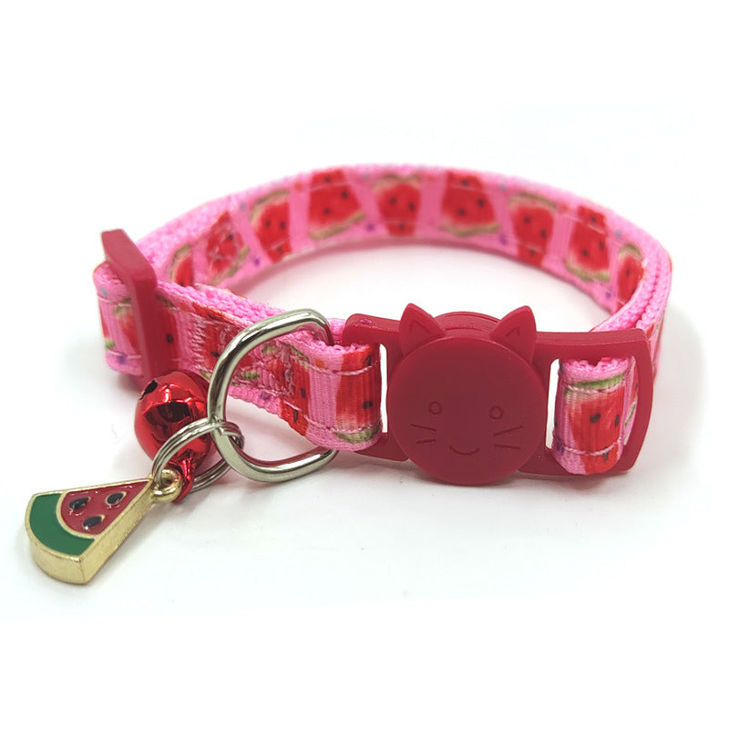 HKM-393555 Pet Print Bell Cat Collar - Stylish Adjustable Nylon Strap in Strawberry, Cherry, Avocado, Watermelon, Pineapple